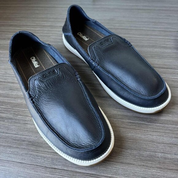 OluKai Kakaha Nia Men’s Leather Slip On Loafers Shoes Size 14 $130 Mood Indigo - Picture 1 of 8